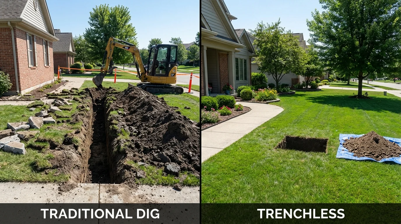 Trenchless sewer repair with minimal yard damage versus traditional excavation in Paoli, IN