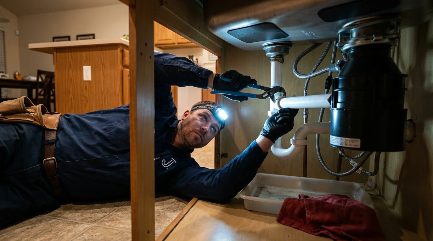 P-trap and supply line connections under a kitchen sink showing a common leak point in Paoli, IN